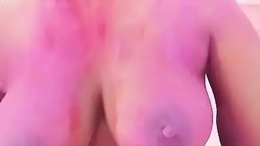Husband Is Playing Big Boobs Of Pregnant Wife In Holi - Huge Boobs