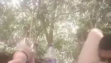 Mistress lets her servant lick her pussy during outdoor sex