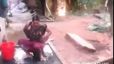 Mature Indian Housewife Open Air Outdoor Shower Filmed By Neighbor