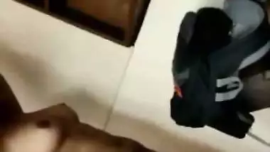 Small boobs girlfriend gives blowjob and sucks balls