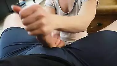 She should stop rubbing that penis after the cumshot. She got all the cum with this oily handjob.