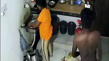 Indian aunty in yellow saree fuck! Horny lovers hidden sex in kitchen